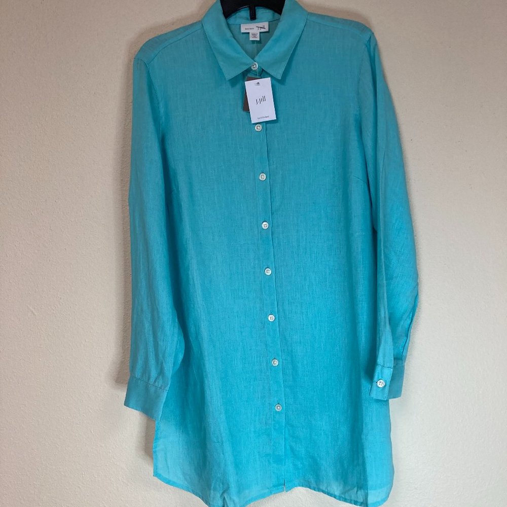 J Jill Women's Linen Button Front Tunic Size XS Petite, "Caribbean" Turquoise